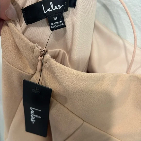 Lulus | Happiest Hour Beige Asymmetrical Bodycon Midi Dress | Size Medium - Picture 5 of 5